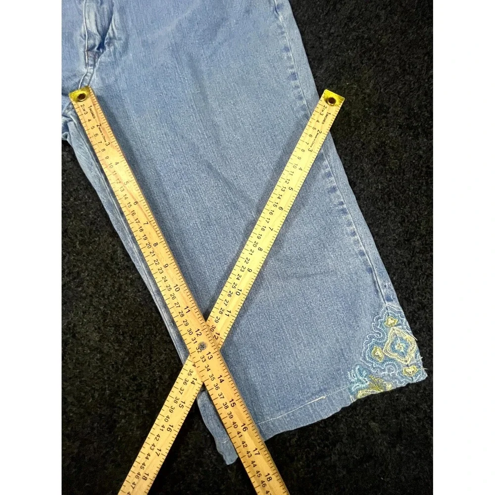 Y2K French Cuff Capri Jeans Women's 12 Blue Denim Embroidered Lace Trim Grunge